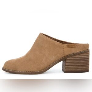 Tom’s Women's Leila Suede Stacked Block Heel Mules slides almond toe tan sz 8.5